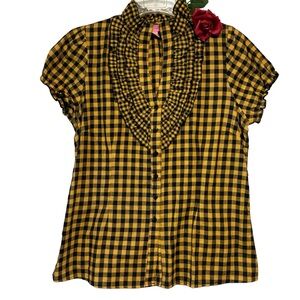 She’s Cool 1X Cotton Checkered Top Ruffles Short sleeve Black Gold/Yellow EUC